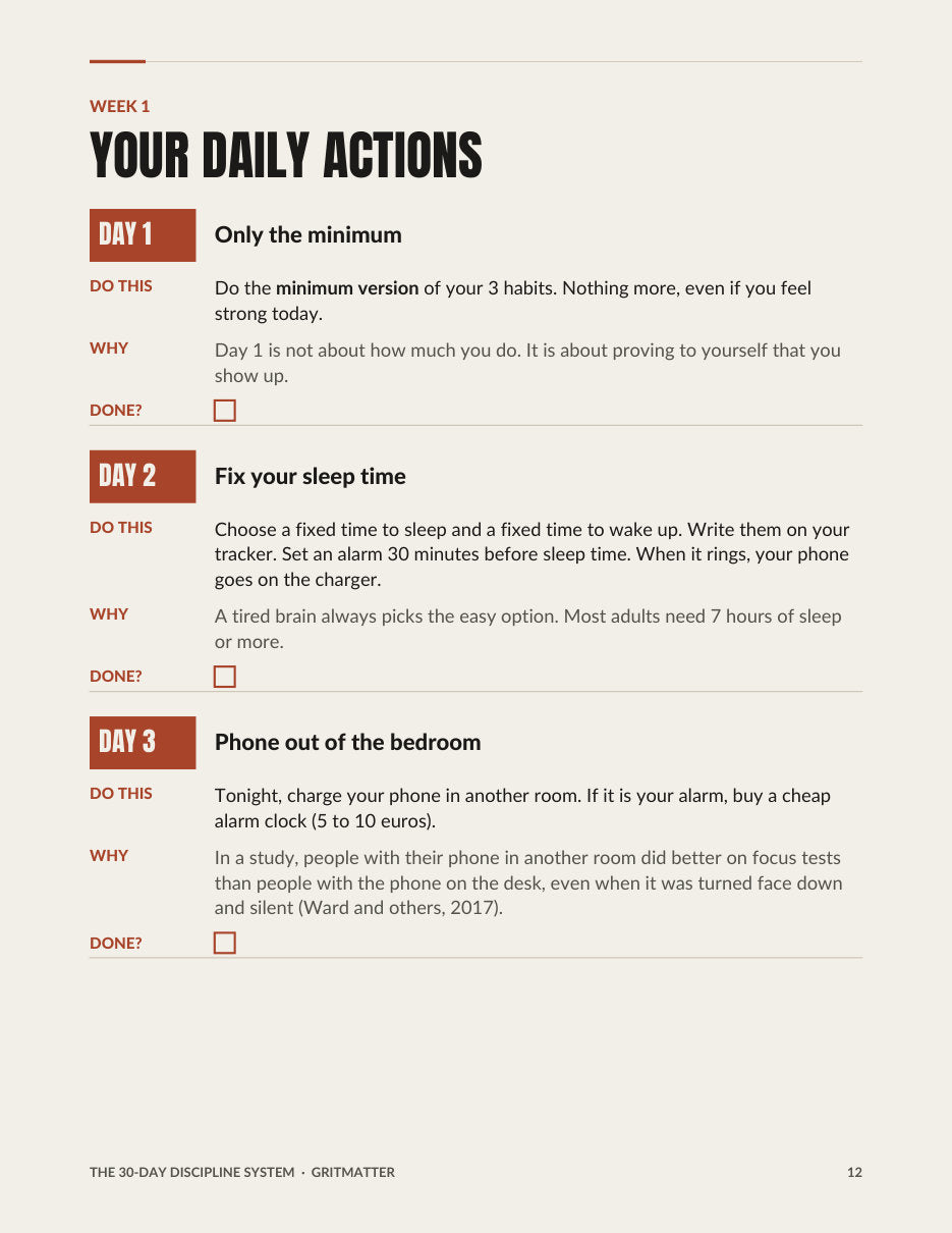 Daily action cards, days 1 to 3